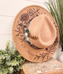 Floral Burned Hat, Floral Engraved Cowboy Hat, Sunflower Hat, Sunflower Burned Fedora, Engraved Fedora, Engraved Felt Hat, Boho Hat