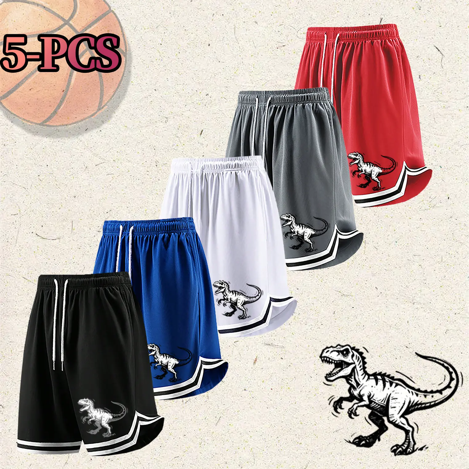 Pack of 5 men’s retro dinosaur print basketball shorts — casual, loose fit, quick-drying athletic fitness shorts