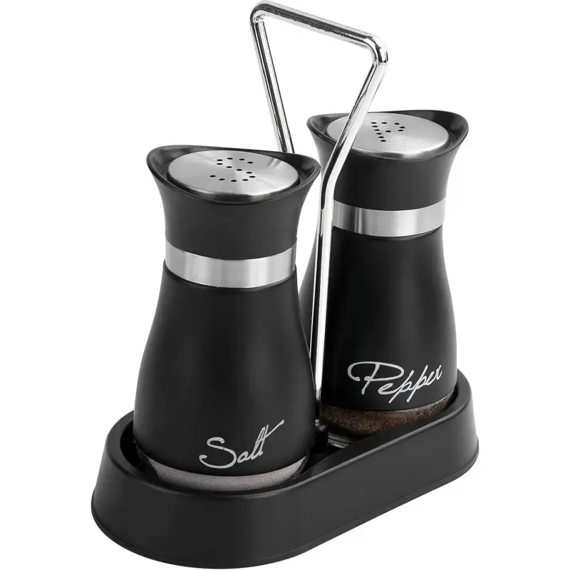 Cute Kitchen Stainless Steel-Glass Salt and Pepper Shakers Set, 2-Count Seasoning Dispenser Bottles with Lid and Black Holder, Shaker, Sturdy