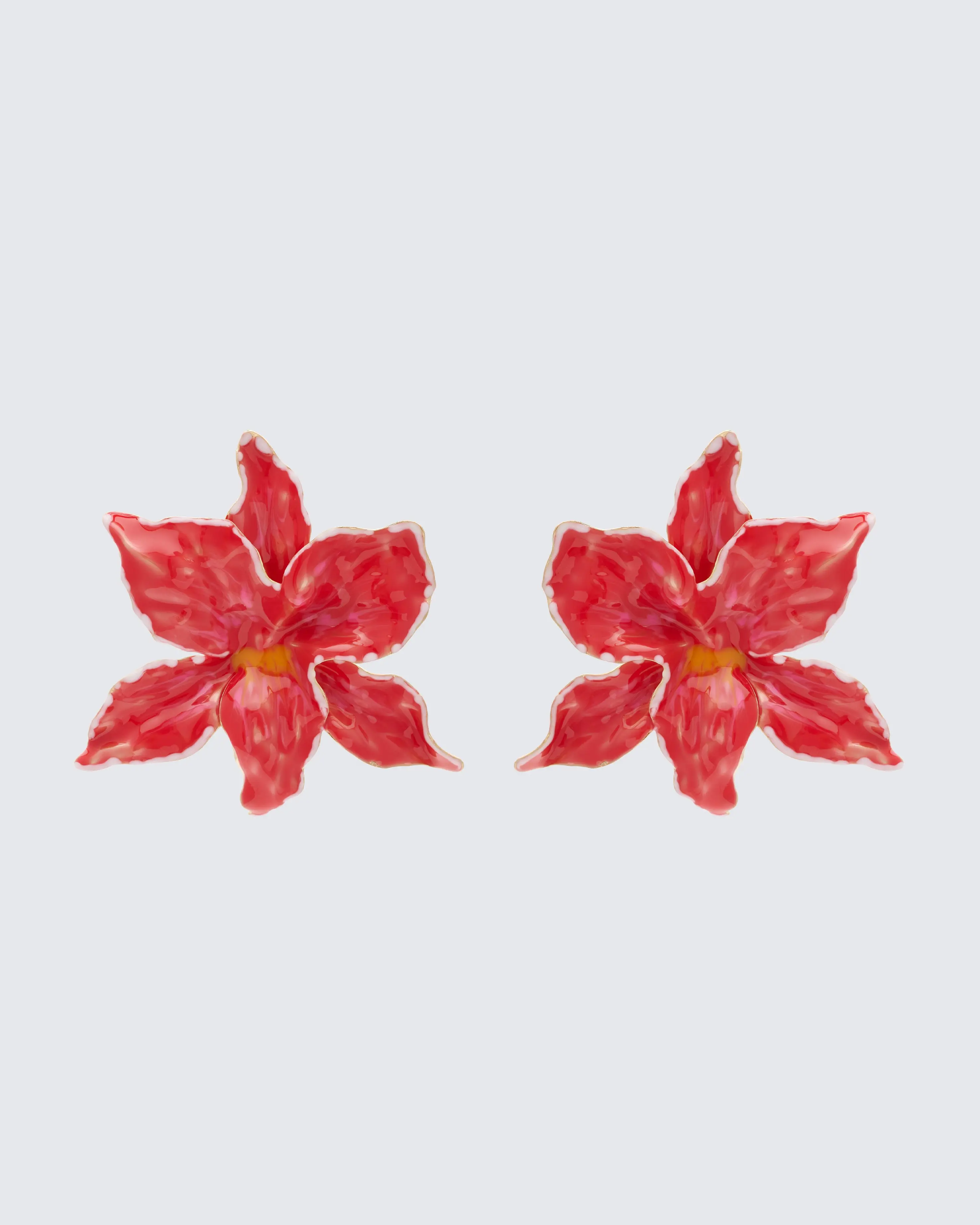 Sabira Red Orchid Fashion Jewelry Earrings, Bold Oversized Floral Design with Glossy Finish, Over-Sized