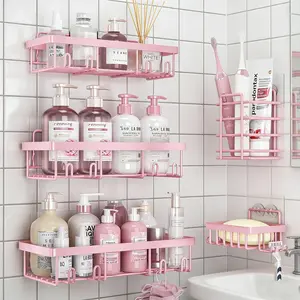 5-Pack Pink Heavy Duty No Drill Shower Caddy Set Rustproof Waterproof Strong Adhesion Bathroom Organizer Large Capacity Hollow Drainage Shelves with Toothbrush Soap Holder Minimalist Wall Mounted for Bathroom Kitchen Black Friday