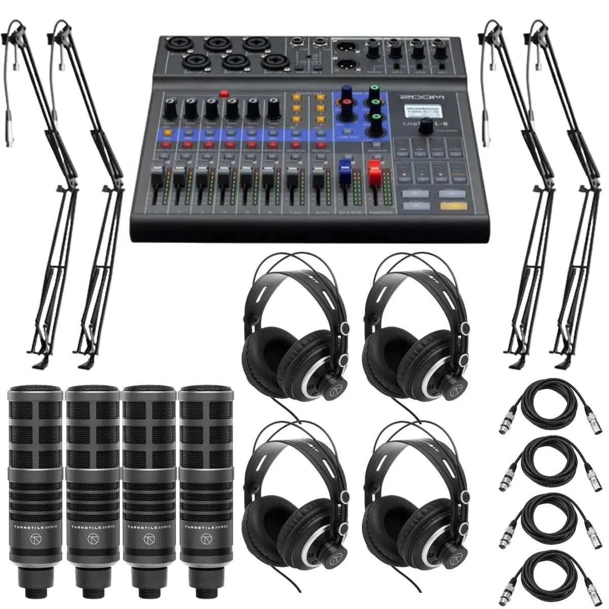Zoom LiveTrak L-8 Portable 8-Channel Digital Mixer and Multitrack Recorder Bundle with 4x TAP300 Cardioid Dynamic Microphone, 4x Semi-Open Back Headphones, 4x Broadcast Arm, 4x Microphone