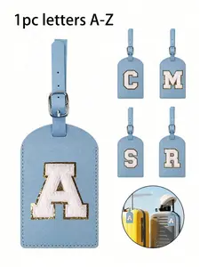 1 luggage tag, suitable for suitcases, TSA certified, brand new blue, PU leather customizable with letters A-Z, with a privacy-protected name card, cute white letter travel backpack tag, Letter Charm