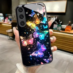 Brilliant Rainbow Butterfly pattern suitable for Samsung Galaxy S25 S25edge S25FE S25Plus S25ULTRA 5G Pretty Protective Phone Case, Cover, Accessories, Black Frame Glass Phone Case Individual Design, Is Suitable for Every Holiday Gift