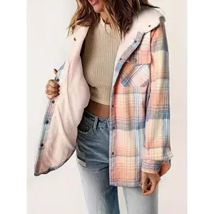 Plaid Zip-Up Jacket, Casual Hooded Long-Sleeve Warm Jacket, Women’s Clothing