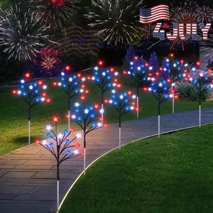 Independence Day Ground Stake Lights Red, White, and Blue Stars Solar-Powered 8 Flashing Modes 75 LED Lights Perfect for Outdoor Garden Fence Decor Holiday Atmosphere Lighting Event Party Decorations Patriotic Theme Decorative Lights