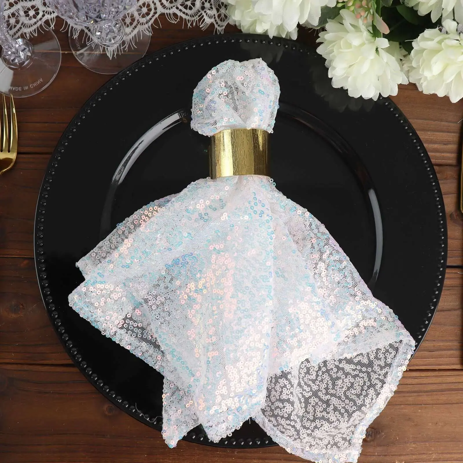 Iridescent Blue Sequin 20x20in Tableware Napkin, Shimmering Design Dinner Napkin for Weddings, Festive & Party Supplies, Event Decor, 20 In