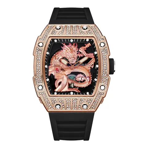 Men’s Gold Dragon Watch Series – Barrel-Shaped Luxury Embossed Design, Adorned with Rhinestones, Commanding Style, Featuring Intricate 3D Gold Relief Patterns.​Classic yet fashionable, this timepiece is water-resistant and suitable for any occasion swiss