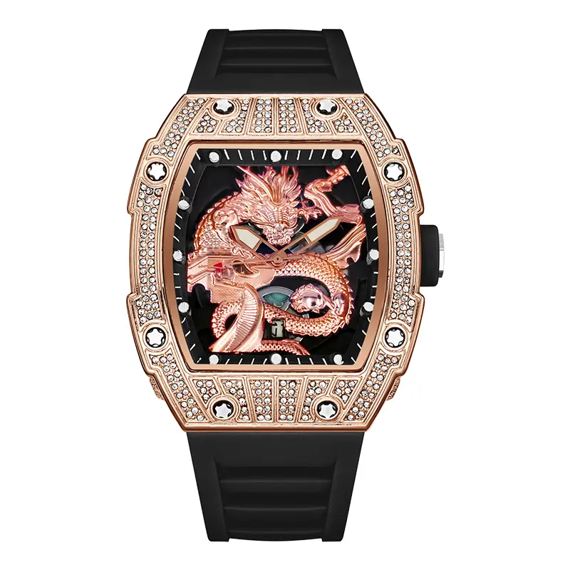 Men’s Gold Dragon Watch Series – Barrel-Shaped Luxury Embossed Design, Adorned with Rhinestones, Commanding Style, Featuring Intricate 3D Gold Relief Patterns.​Classic yet fashionable, this timepiece is water-resistant and suitable for any occasion swiss