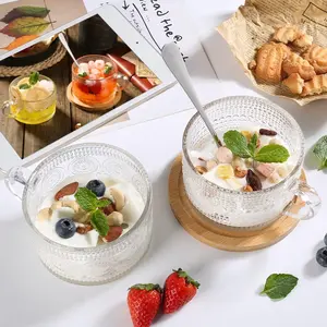 Vintage Coffee Mugs, Overnight Oats Containers with Bamboo Lids and Spoons - 14oz Clear Embossed Glass Cups, Cute Coffee Bar Accessories, Iced Coffee Glasses, Ideal for Cappuccino, Latte, 8 Pack