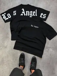 Men's Los Angeles Graphic Print T-Shirt, Gothic Font Streetwear Top, Double-Sided Print, Casual Hip-Hop Fashion, Short Sleeve Fitted Tee