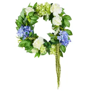 VEVOR Artificial Decorative Wreath, 23 in, Blue White Green, Decorated with Hydrangeas, Roses, Berries, Vines, Year Round Wreath for All Seasons Indoor and Outdoor Home Wall Window Festival Decor