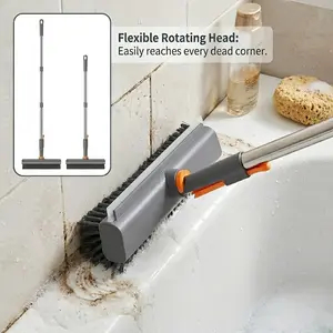 Floor Scrub Bathtub Brush with Long Handle, Double-Sided, Heavy Duty Stiff Bristle Tub Tile Shower Scrubber, 360 Rotating Squeegee Brush, Extendable Deck Brush for Patio Garage Kitchen Pool Wall Grout Cleaner