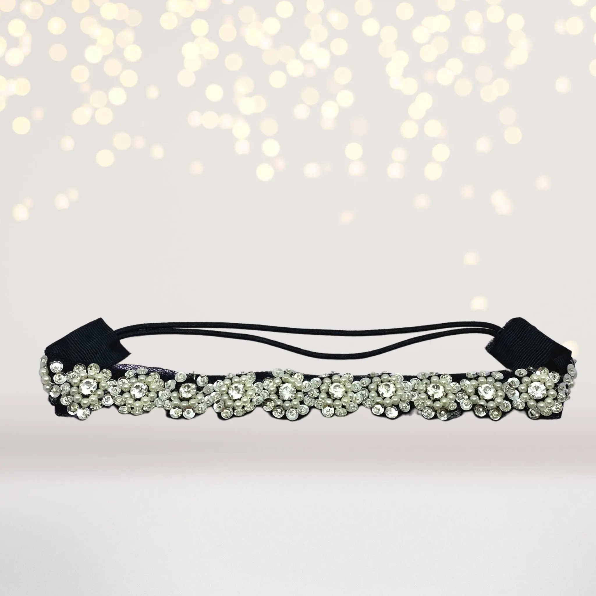 Boho Fashion Black Pearls Sequin Snowflake Headband, Female 1"-Size Hair Accessory, One Size