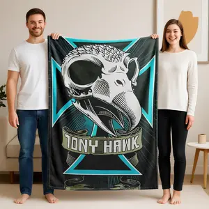 1 piece Tony Hawk skateboard logo design themed flannel blanket - Super soft flannel blanket, suitable for beds and sofas, all-season use, modern design, digitally printed pattern, 100% polyester material, machine washable, suitable for travel