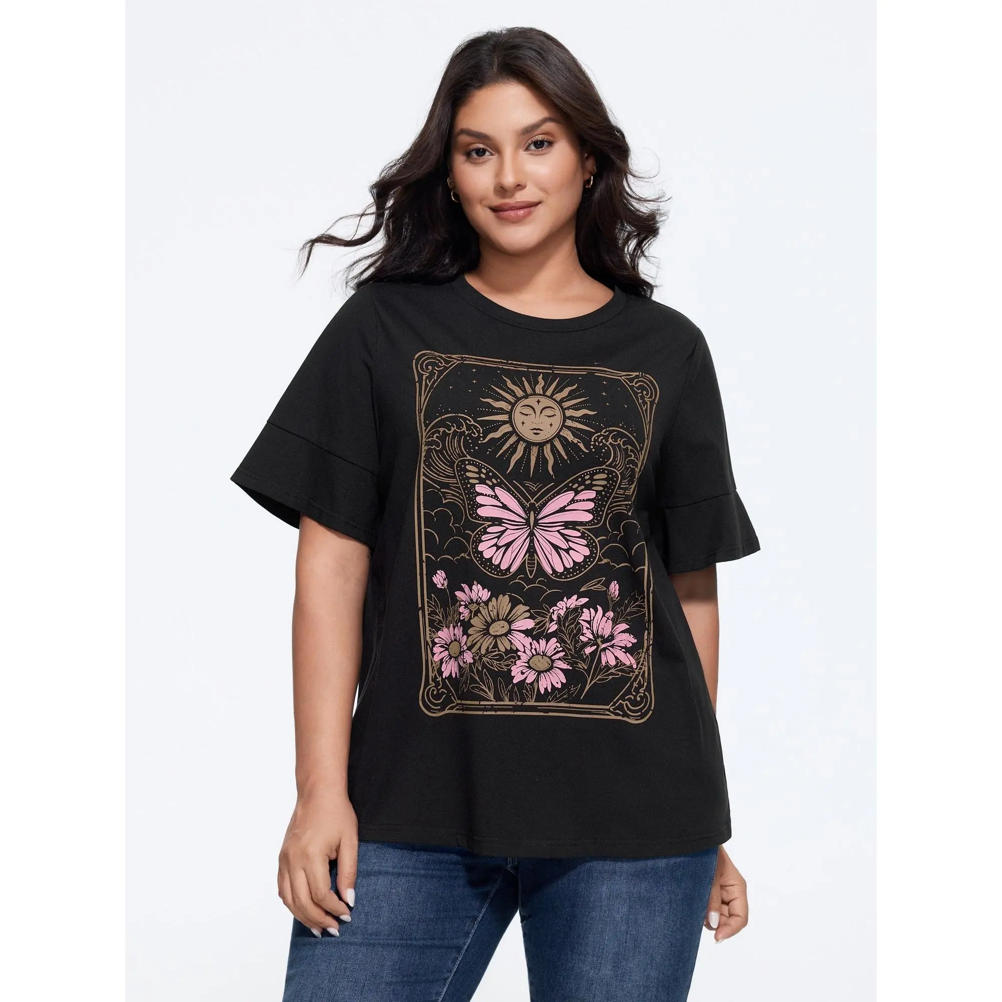 BloomChic Plus size,Cotton Sunkissed Floral Print Flared Sleeve T-Shirt,[M-6X]Back To School,Fall Pick, Spotlight Day，SohoChic