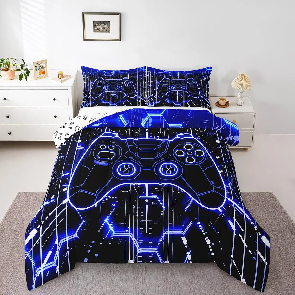 Kids Blue Gamer Bedding Set,Honeycomb Gaming Comforter Set Modern Game Console Comforter Gamepad Duvet Set Bedroom Decor Bed Set