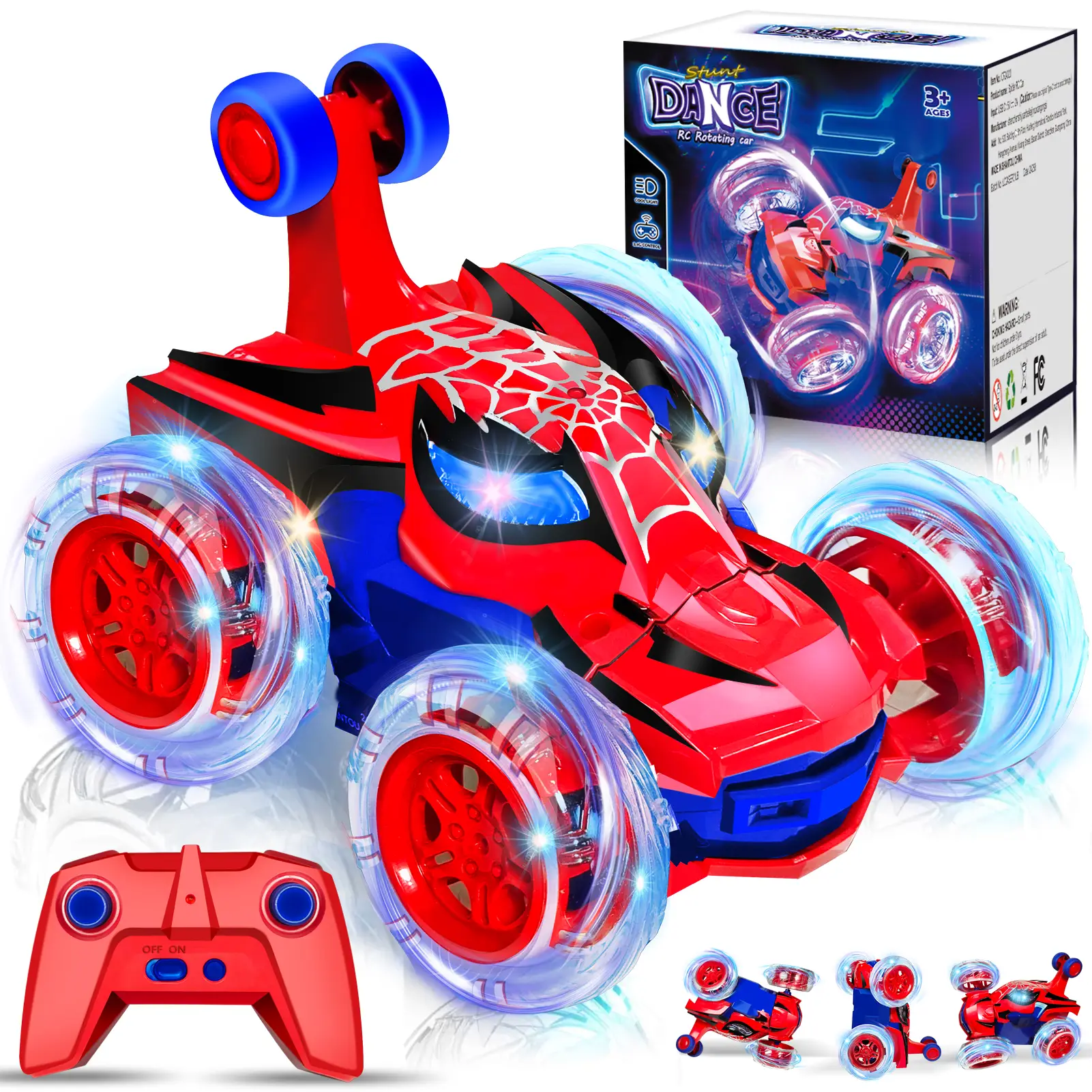 Spider RC Stunt Car, 360° Rotating 4WD Toys, Lights, All-Terrain Toy, Rechargeable, Remote Control for Kids 4-10, Indoor/Outdoor, Great Birthday Gift