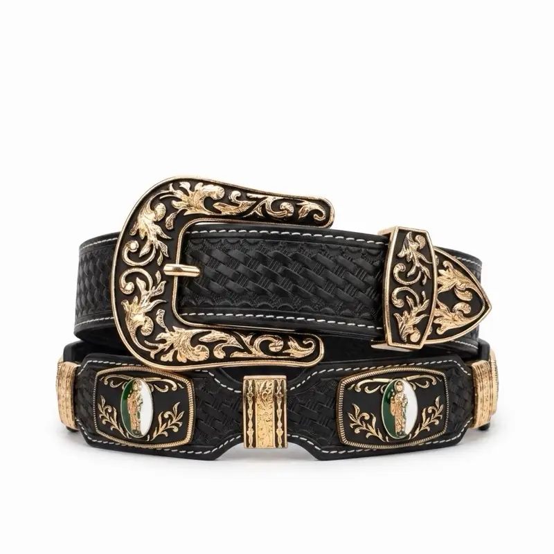 Men's San Judas Black Western Belt - Buckaroo, American-Themed, Leatherwork, Square Design Fashion Accessory Belt, Buckaroo Men's Belts, American-Themed Men's Belts