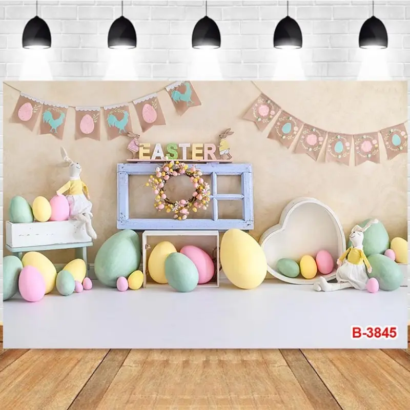 Easter Bunny Photography Backdrop Spring Easter Egg Ribbon Birthday Party Decoration Holiday Photo Background Cloth