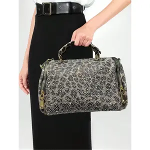 Ladies' fashionable and gorgeous diamond studded tote bag, leopard patterned full diamond cylindrical bag, handmade rhinestone bag, elegant bag, single shoulder crossbody bag, Elegant Handbag