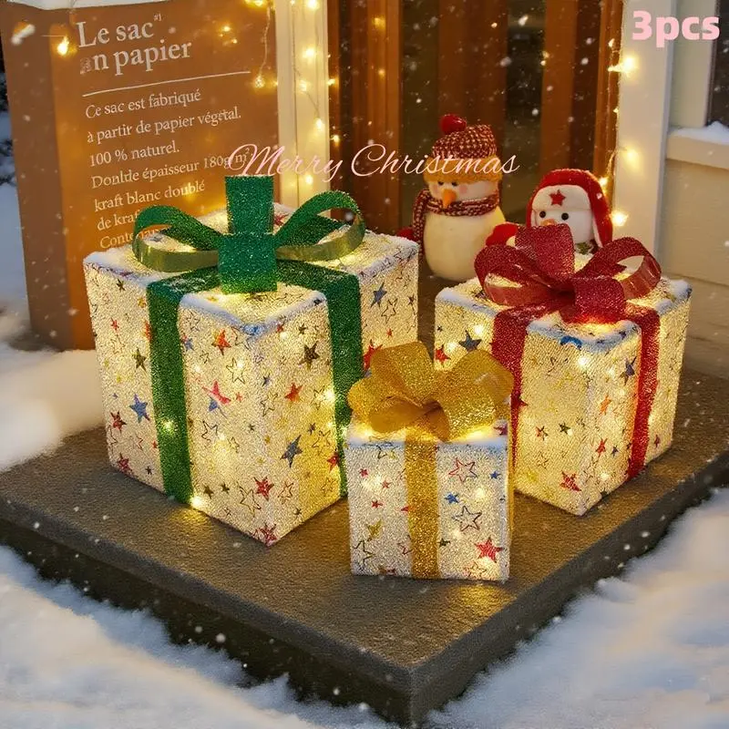 3 Piece Christmas Light Gift Box Set with Remote Control, Festive Ribbon Decorations, Indoor Outdoor Use, Warm Glowing Lights,Soothing atmosphere, festive decorations