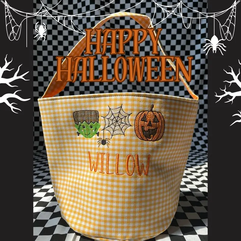 Orange Gingham Personalized Halloween Basket with Frankenstein and Pumpkin Design for Kids