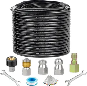 Sewer Jetter Kit for  Washer,Sewer Jetter Nozzles Kit,Drain Cleaning Hose, Corsage Pin 5800PSI,Rotating and Button Nose Sewer Jetting Nozzle,1/4 Inch NPT (150FT/45M)