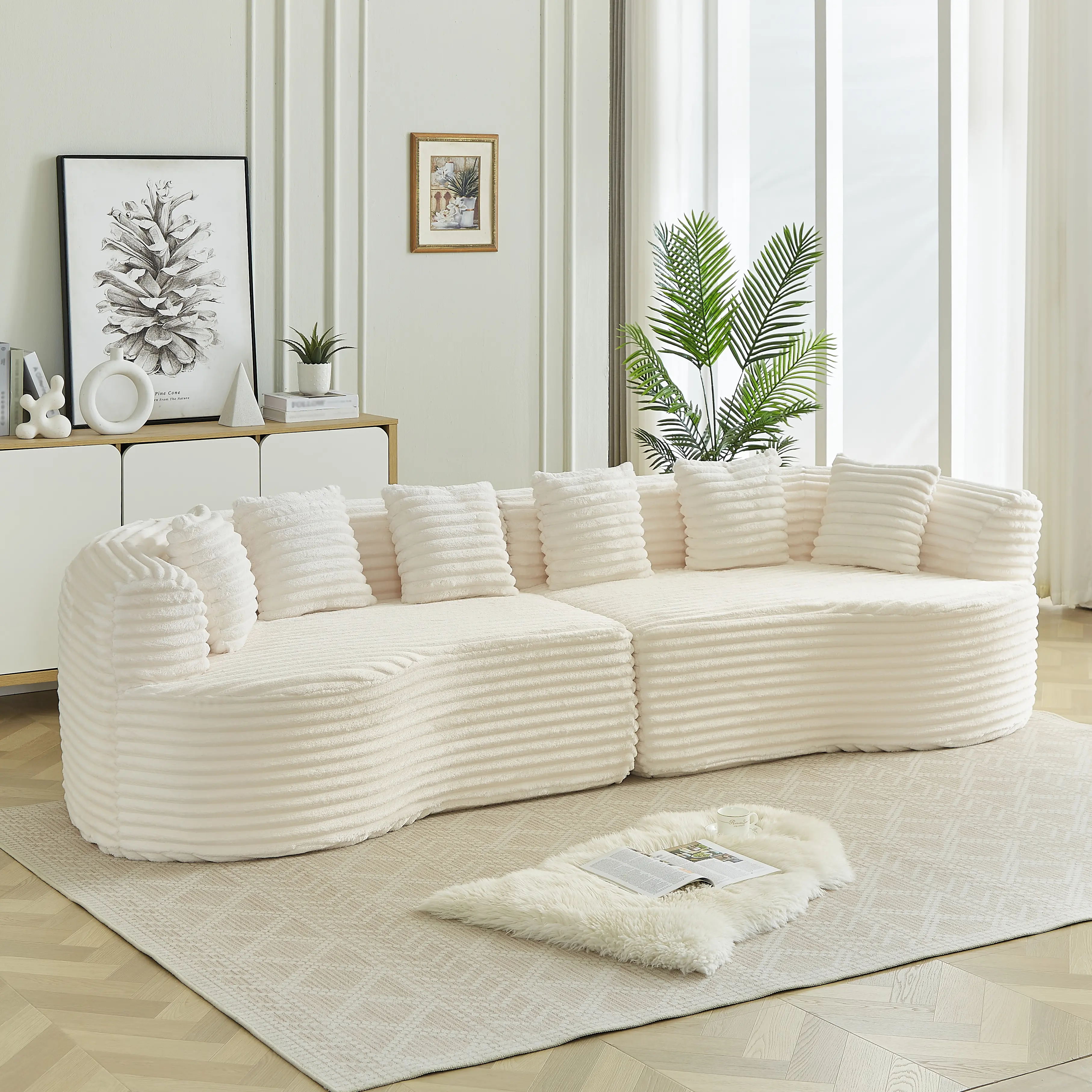 Curved sectional sofa, 111.5 inch super modern boneless cloud sofa, with 6 pillows, luxury Chenille/corduroy four seat memory foam sofa, deep seat design Upholstered Sofas