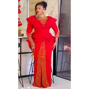 Luxury Embellished Peplum Evening Gown for Women – Red & Green