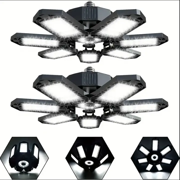 Adjustable Foldable 6-Panel 360° LED Garage Light - E26/E27 Deformable Energy-Saving Bulb, 360-Degree LED Ceiling Lighting, Flexible Design, 50,000 Hours ABS+PC, 0-90° Fold for Tight Spots, Easy-Install for Barn/Warehouse