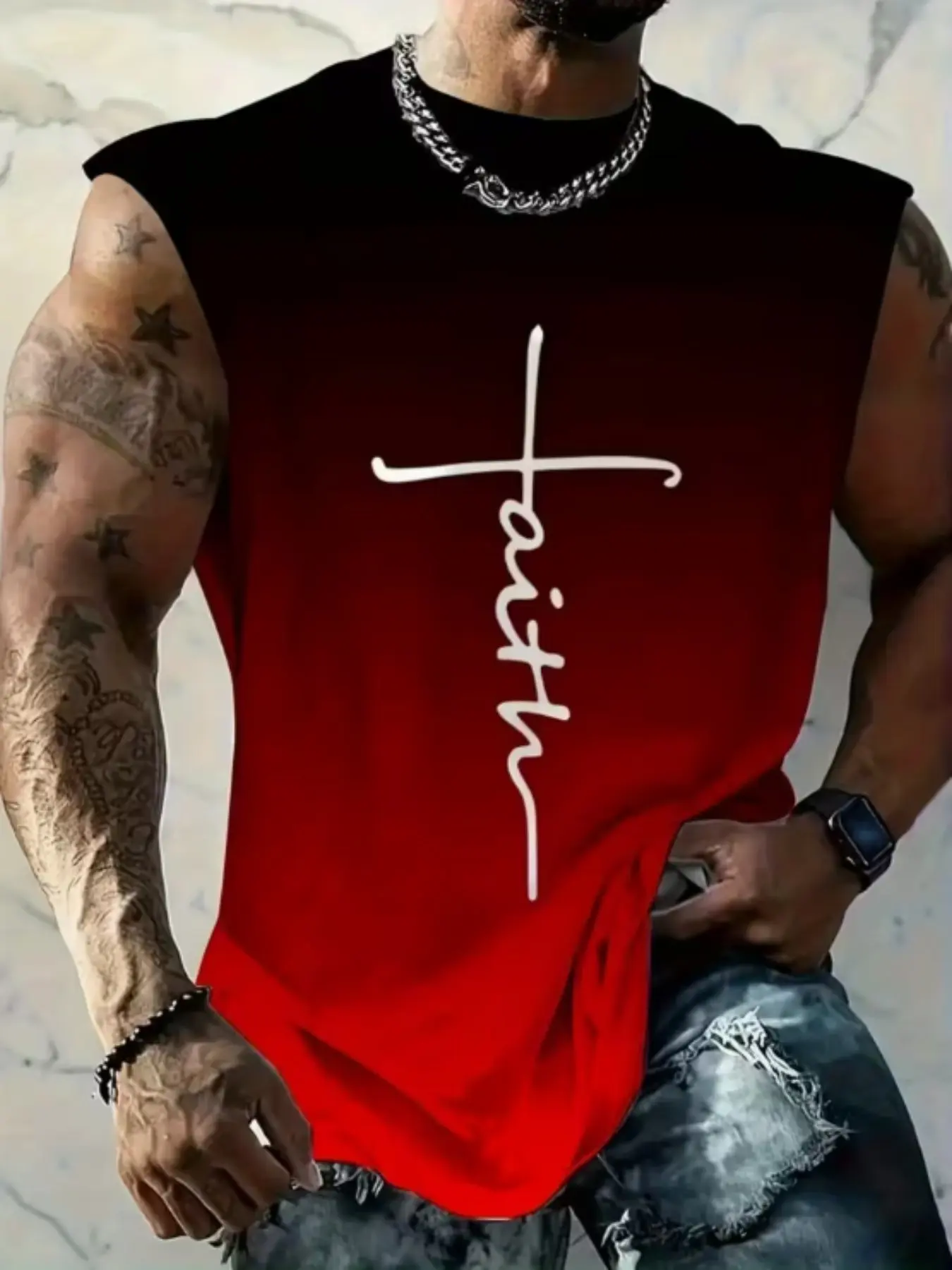 Men's Gradient Faith Print Vest, Casual Fitted Design, All over Print ...
