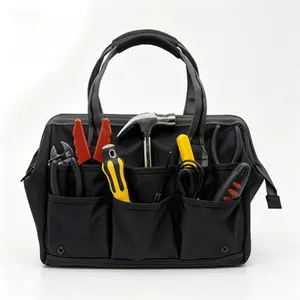 Heavy Duty 14 Inch Wide Mouth Tool Bag, Utility Organizer for Plumbers, Electricians, Handyman, Multipurpose Gear Bag for Daily Use, Office, Camping, Black
