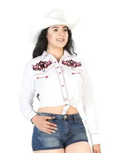 Womens White Embroidered Western-style Blouse 126674 with Fringe Detailing Long Sleeve Casual Autumn Medium Length Classic Charm