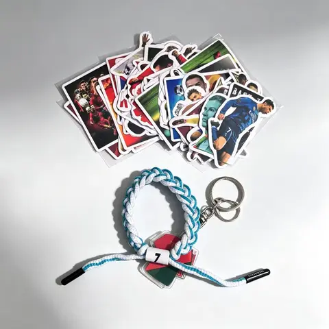 Soccer Star Number 7 Themed Mini Fashion Accessories Multipack Gift Bundle - 1 Hand-Woven Wristband, Football Keychain, 50 Waterproof Stickers, Unisex Sports Enthusiast Gift