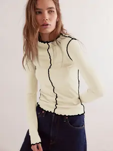 Women's New Colorblock Rolled Hem Half High Neck Long Sleeve T-Shirt, Trendy Slim Fit Versatile Top, Fashionable Basic Tee for Daily Wear