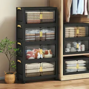 2/3/4/5 Tier Black Foldable Storage Cabinet with Transparent Doors & 360° Wheels – Stackable Modular Plastic Organizer, Rolling Cabinet for Bedroom, Living Room, Kitchen Pantry & Home Organization, Space-Saving Design,Double Doors
