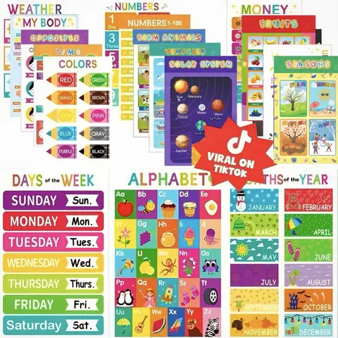 16 Laminated Durable Material Educational Wall Posters for Toddlers (1-3), Printed Classroom Decor Curriculum Resources with ABC Alphabet Chart, Numbers, Colors, Shapes, Days of The Week, Solar System, Farm Animals, Seasons, Months, Playrooms Supplies