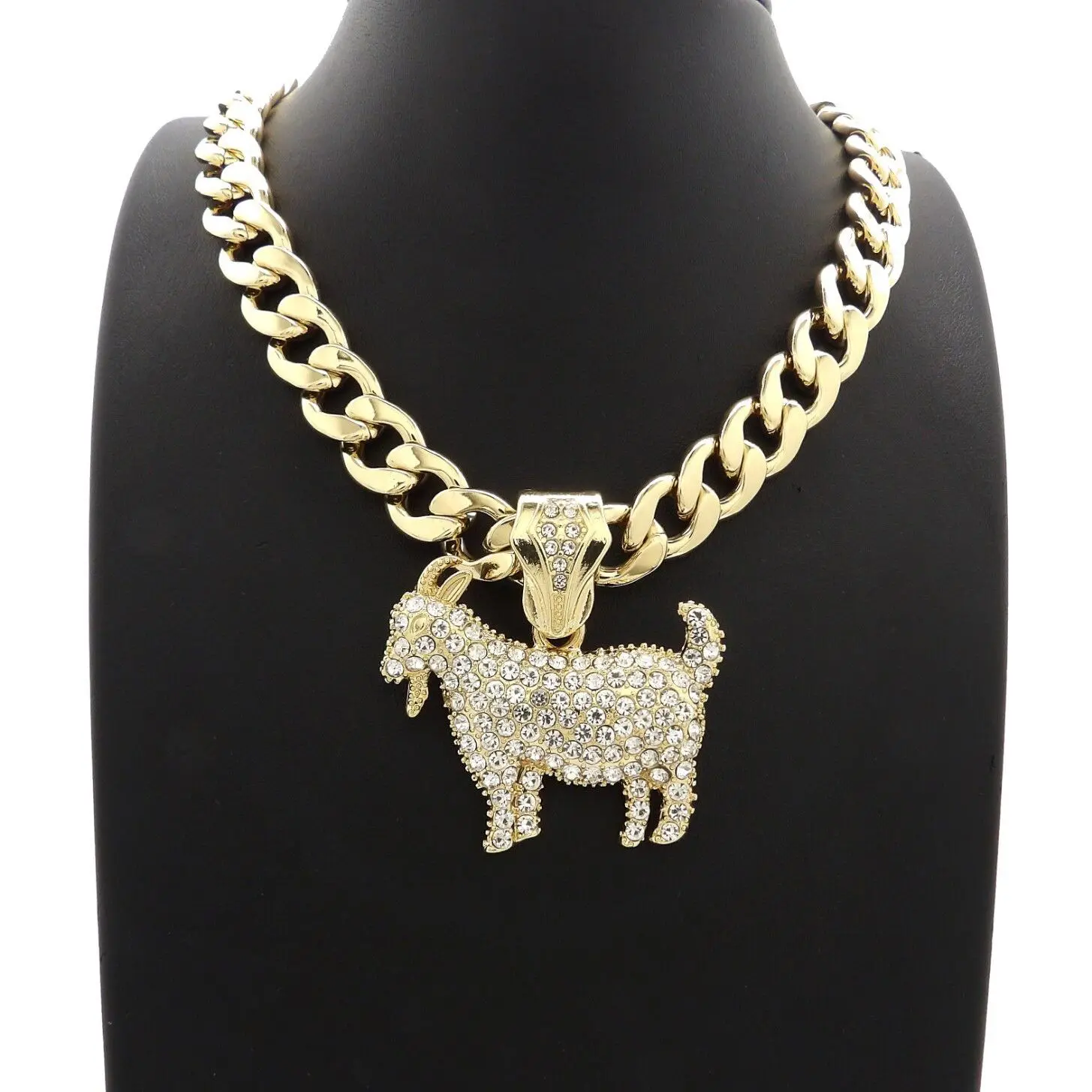 MaxBling81 Men's Hip Hop Necklace, Gold-Plated Iced Out GOAT Pendant with Cubic Zirconia on a 10mm Cuban Link Chain, Cuban Rope Chain, Rhinestone Decorated Jewelry, Casual Wear, Cz Sparkle Flash, Gold/Silver Plate, Multi-Size, Chain Jewelry Necklaces