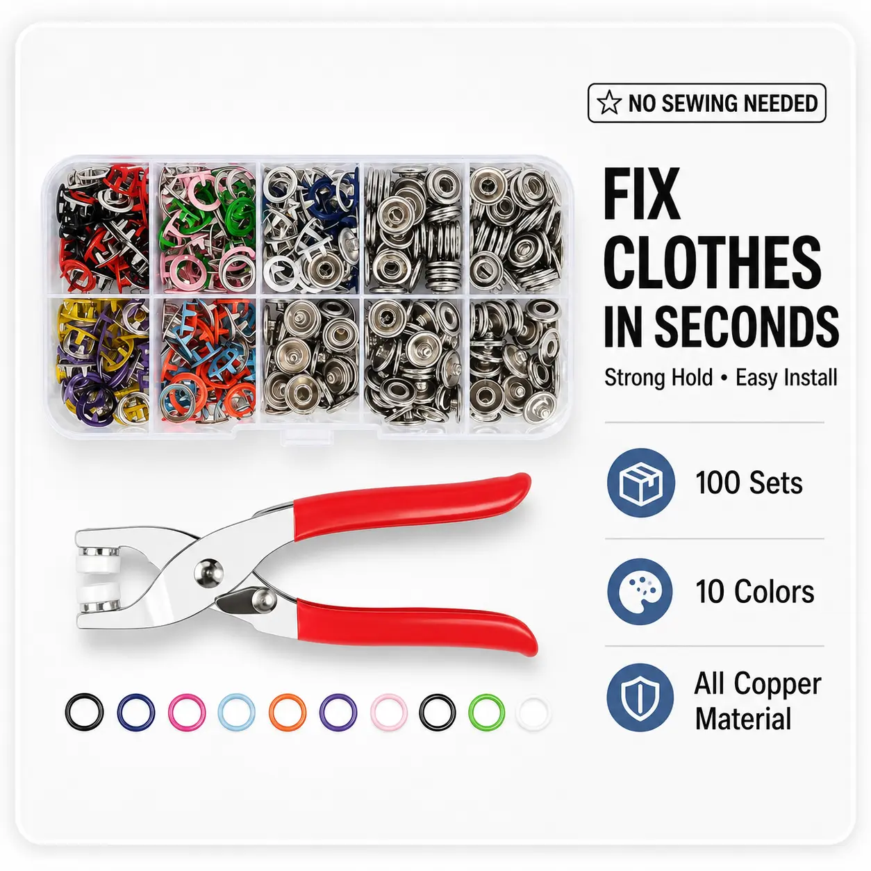 Snap Fastener Kit with Pliers, 100 Sets 10-Color Copper Snap Buttons, No-Sew Press Tool for Clothing Repair, Hats, Bags & DIY Crafts