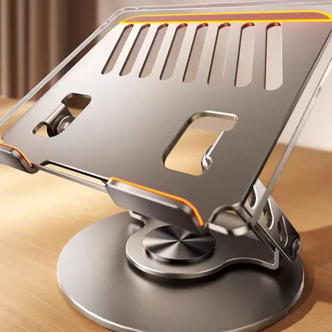 Ergonomic Aluminium Laptop Stand - Height-Adjustable, Heavy-Duty Carbon Steel 360° Rotation Foldable Desk Riser with Cooling Vent Grid, Supports 22 lbs & 17-in Laptops, Home/Travel Work Desk Accessories