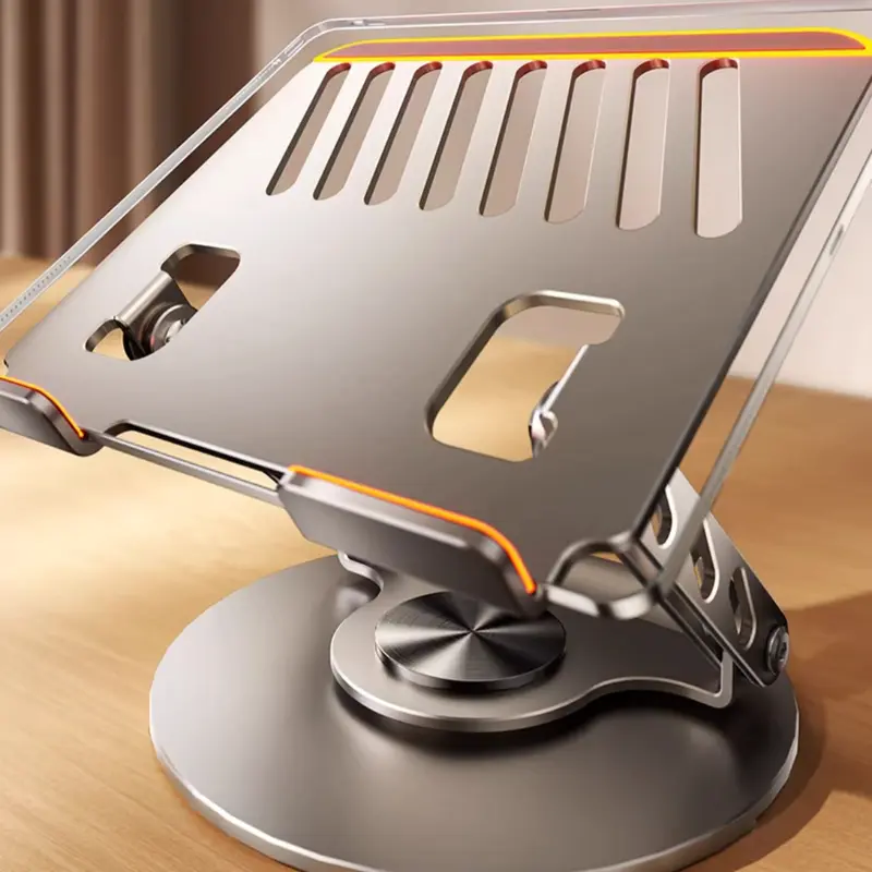 Ergonomic Aluminium Laptop Stand - Height-Adjustable, Heavy-Duty Carbon Steel 360° Rotation Foldable Desk Riser with Cooling Vent Grid, Supports 22 lbs & 17-in Laptops, Home/Travel Work Desk Accessories