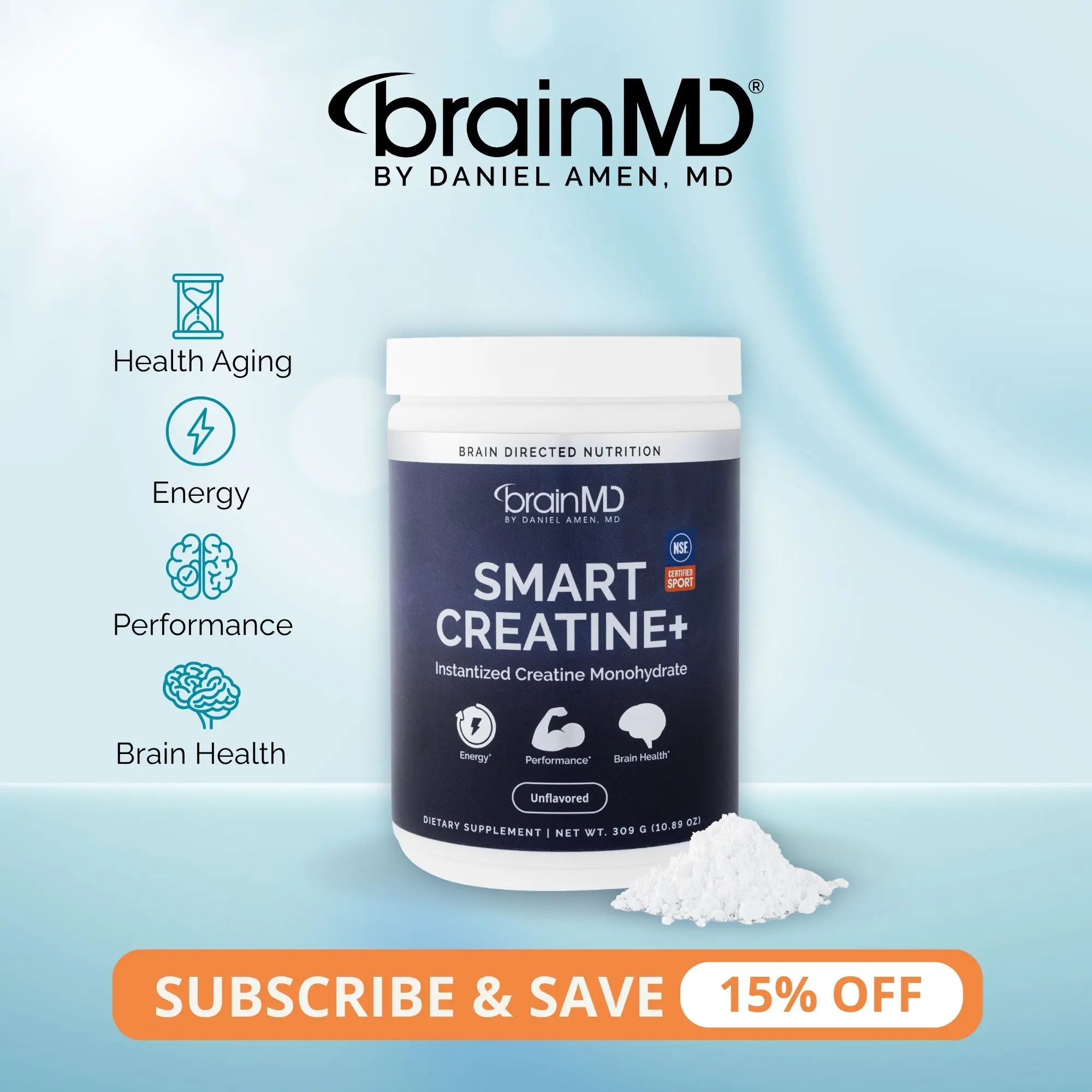 Smart Creatine+ | BrainMD | NSF Certified 60 Servings Powder | Muscle Strength & Performance Support | Brain Focus, Energy & Healthy Aging Support | iCreatine Creatine Monohydrate