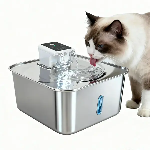 304 Stainless Steel Cat Water Fountain - 7L Large Capacity, Dual Flow Modes, Easy Clean Design, 4-Stage Auto Circulation, Lockable Design, 5000 mAh Rechargeable Model with Power Supply +8 Filter Element Pack for Multi-Pet Households