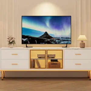 Gaomon 65 in Modern LED TV Stand with 4 Storage Drawers, Shelves & Glass Doors - Low Profile Entertainment Center Console Table for 55/65/75 in TVs, Living Room Furniture (White)