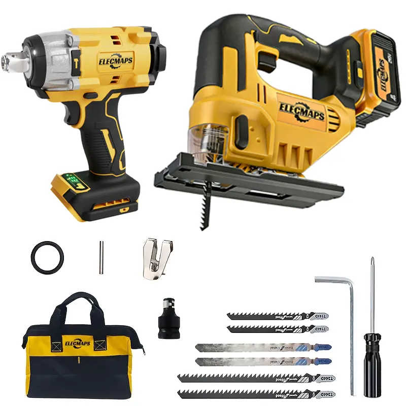 ELECMAPS 2-Piece Brush Power Tool Set - Includes Impact Wrench, Jigsaw for Workshop, Home Repair Tasks, No