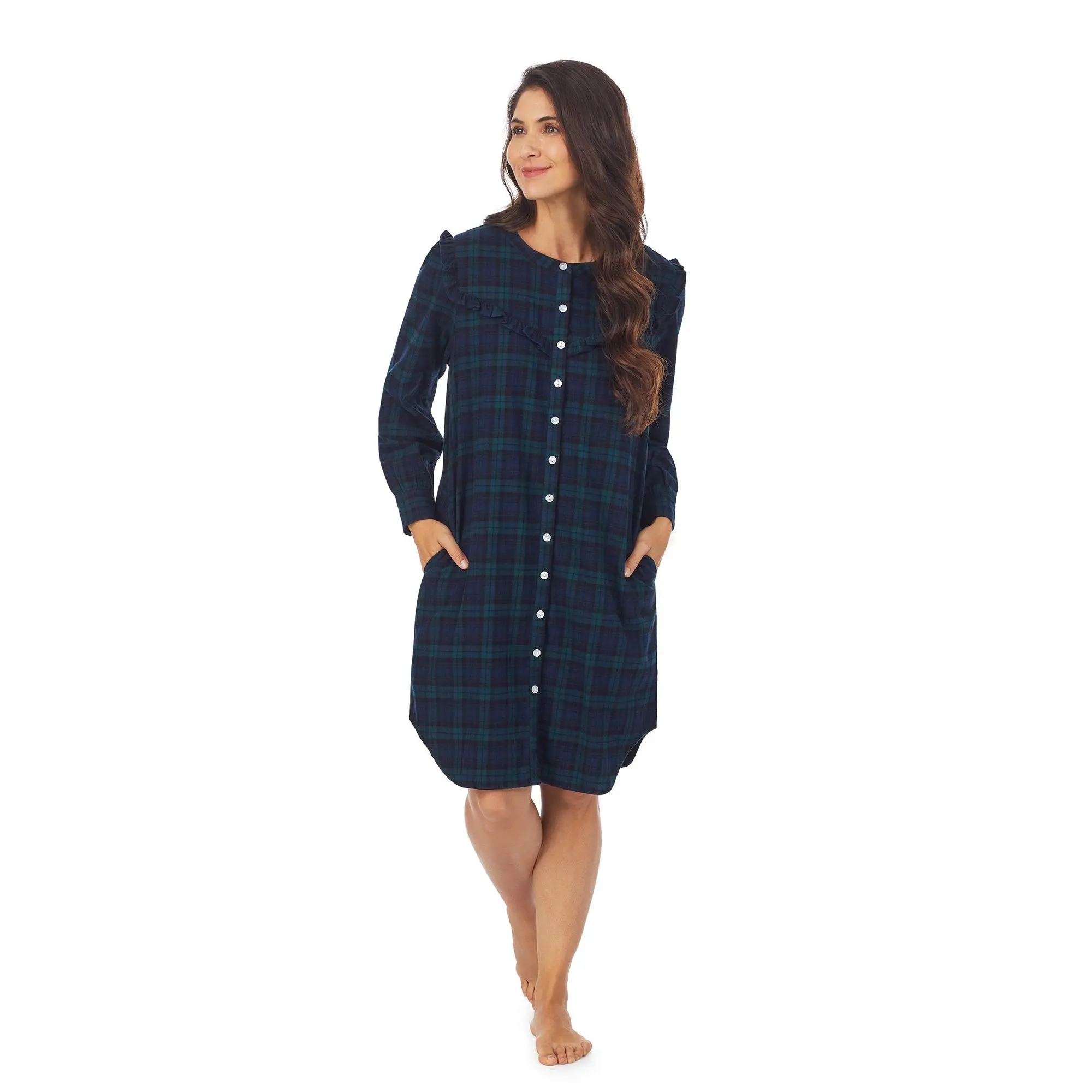 Women's Plaid Flannel Nightgown, 100% Cotton Long Sleeve Button-Front Pajamas with Ruffle Yoke Detail and Side Pockets, Nightwear, Loungewear, Prints, Casual, Patterned Loungewear, Short, Plaid Pattern, Cold Wash, Low Iron Without Steam, Machine Washable,