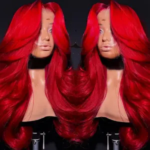 QD-Tizer Bright Red Color 22inches Medium Length 13x4 HD Lace Wig Long Body Wave Red Wig Synthetic Heat Resistant Fiber Hair Wig with HD Transparent Lace Glueless Lace Loose Wavy Wig 180% Density Wig, Long Hair Wigs for Women
