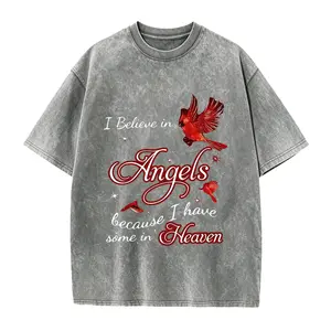 Women's Basic Fitted Seamless Cotton Fabric Lightweight T-Shirt - "I Believe in Angels" Golden Letter Print, Red Leaf Pattern Breathable Daily Casual Top