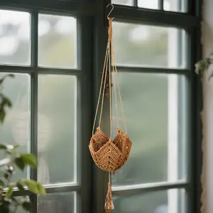 Bohemian Style Plant Hanging Basket | 1 Piece, Long Hanging Woven Rattan Flower Pot Holder for Flower Pots, Indoor and Outdoor Home and Garden Decoration (excluding Flower Pots and Plants)